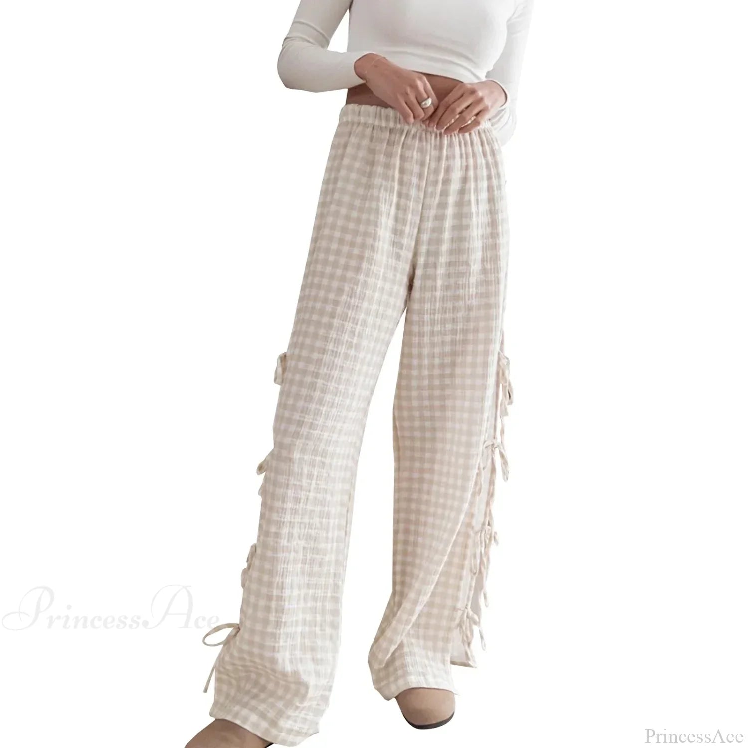 Tie-Up Plaid Stripe Loose Polyester Wide Leg Pant image 9