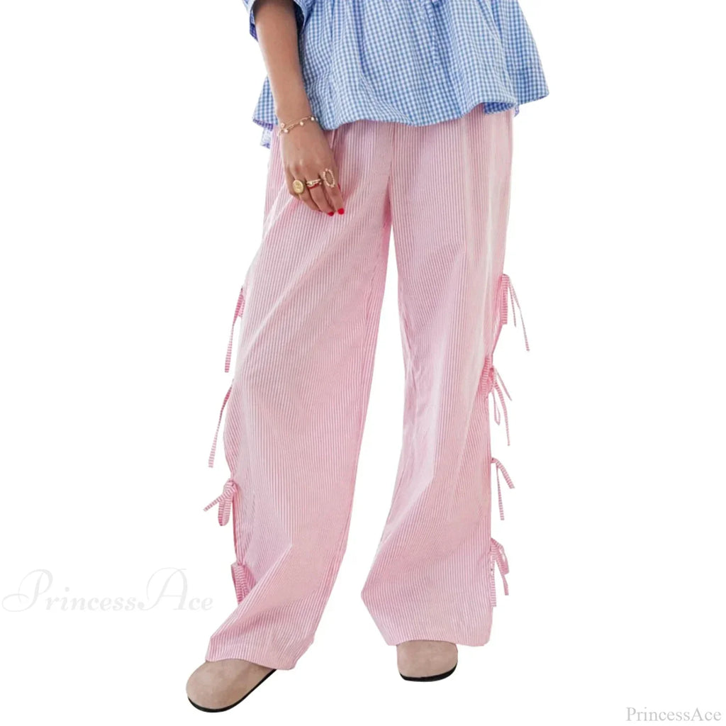 Tie-Up Plaid Stripe Loose Polyester Wide Leg Pant image 7