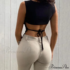 Tied Backless Solid Sleeveless Crop Summer Sexy Skinny Simple Trim Outfits Mock Neck Basic Tank top image 4