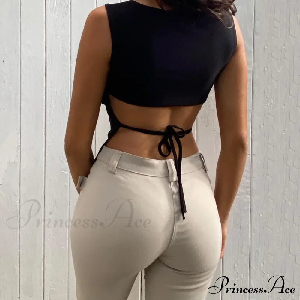 Tied Backless Solid Sleeveless Crop Summer Sexy Skinny Simple Trim Outfits Mock Neck Basic Tank top image 4