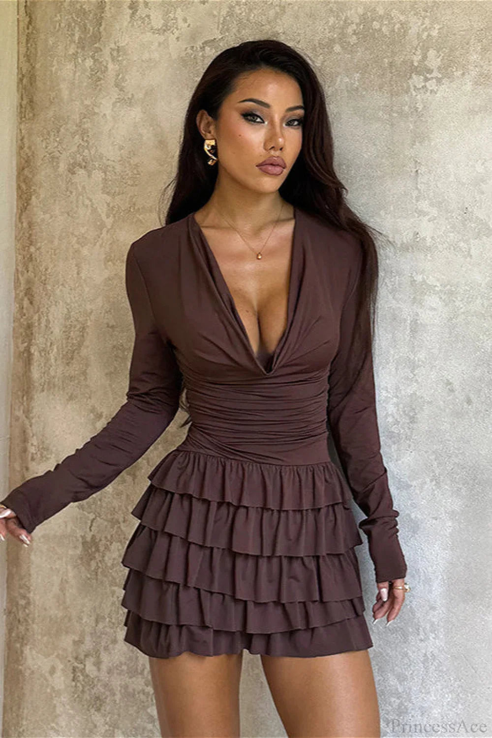 Tiered V-Neck Ruched Slim Mini Dress image 3
