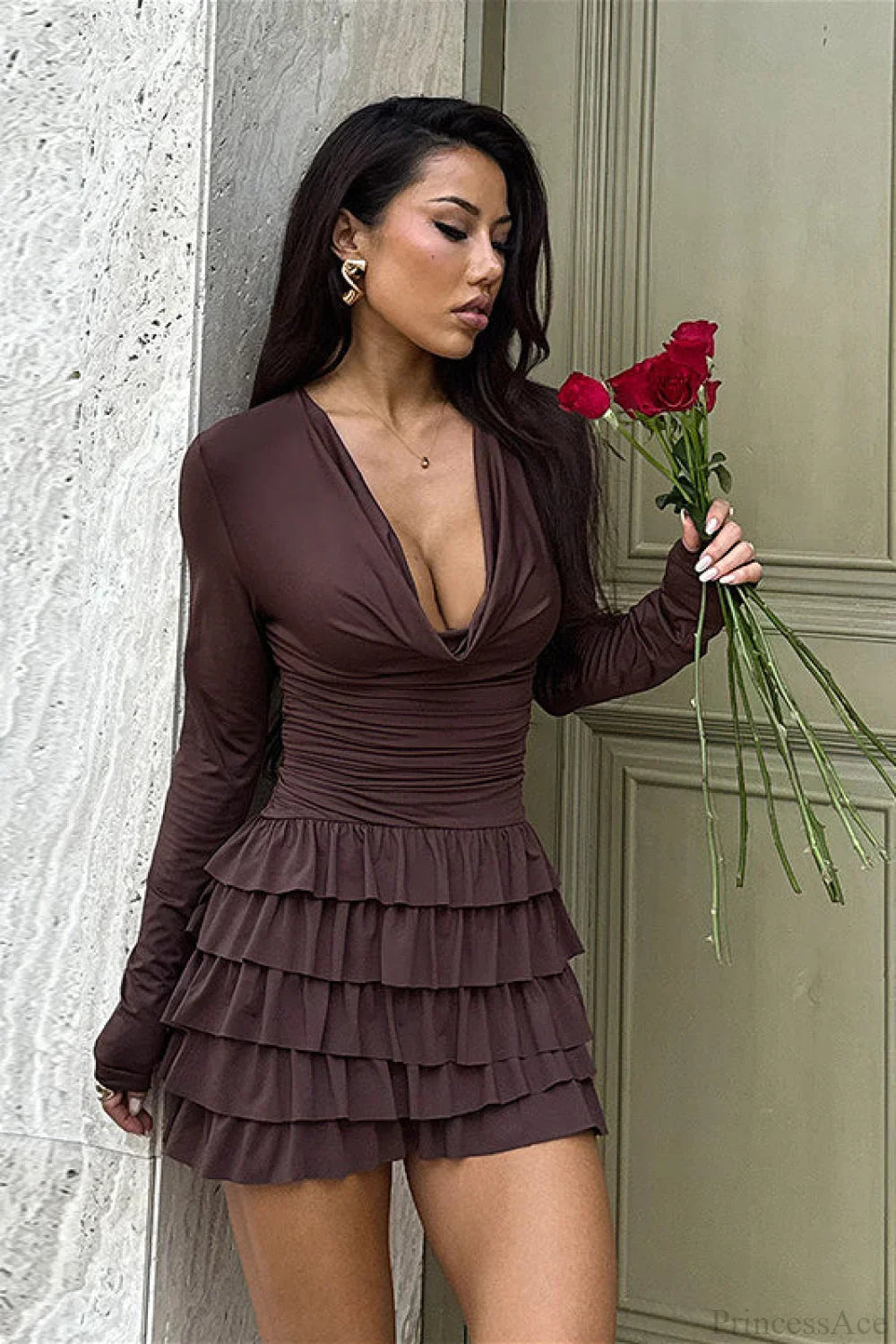 Tiered V-Neck Ruched Slim Mini Dress image 1