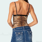 Tiger Stripe Print Coquette V Neck Sleeveless Slim Fit Backless Crop Top image 3