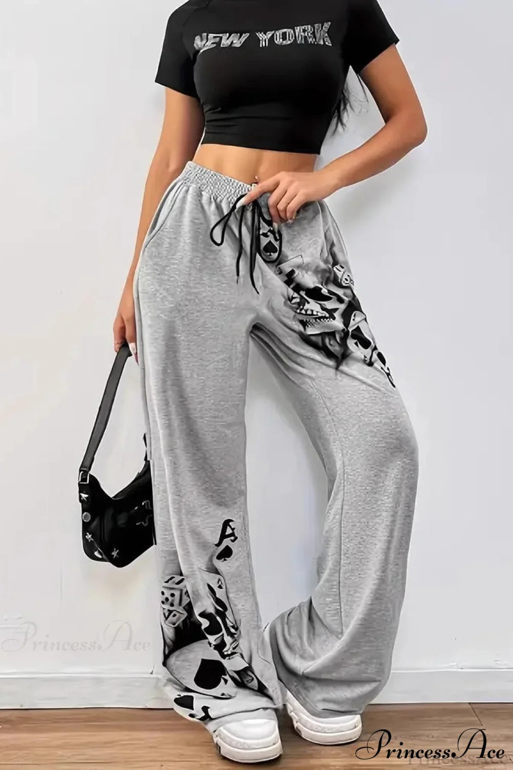 Tire Track Print Drawstring Loose Wide-Leg Pants image 2