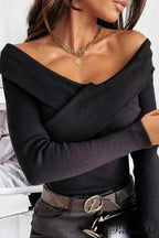 Top - Ribbed Casual Arm V Neck Crossed Long Black image 1