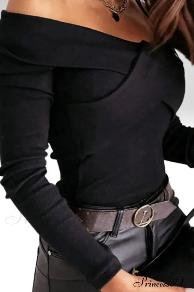 Top - Ribbed Casual Arm V Neck Crossed Long Black image 3