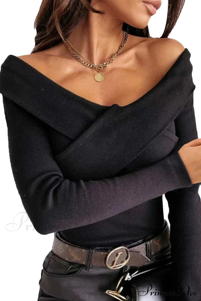 Top - Ribbed Casual Arm V Neck Crossed Long Black image 4