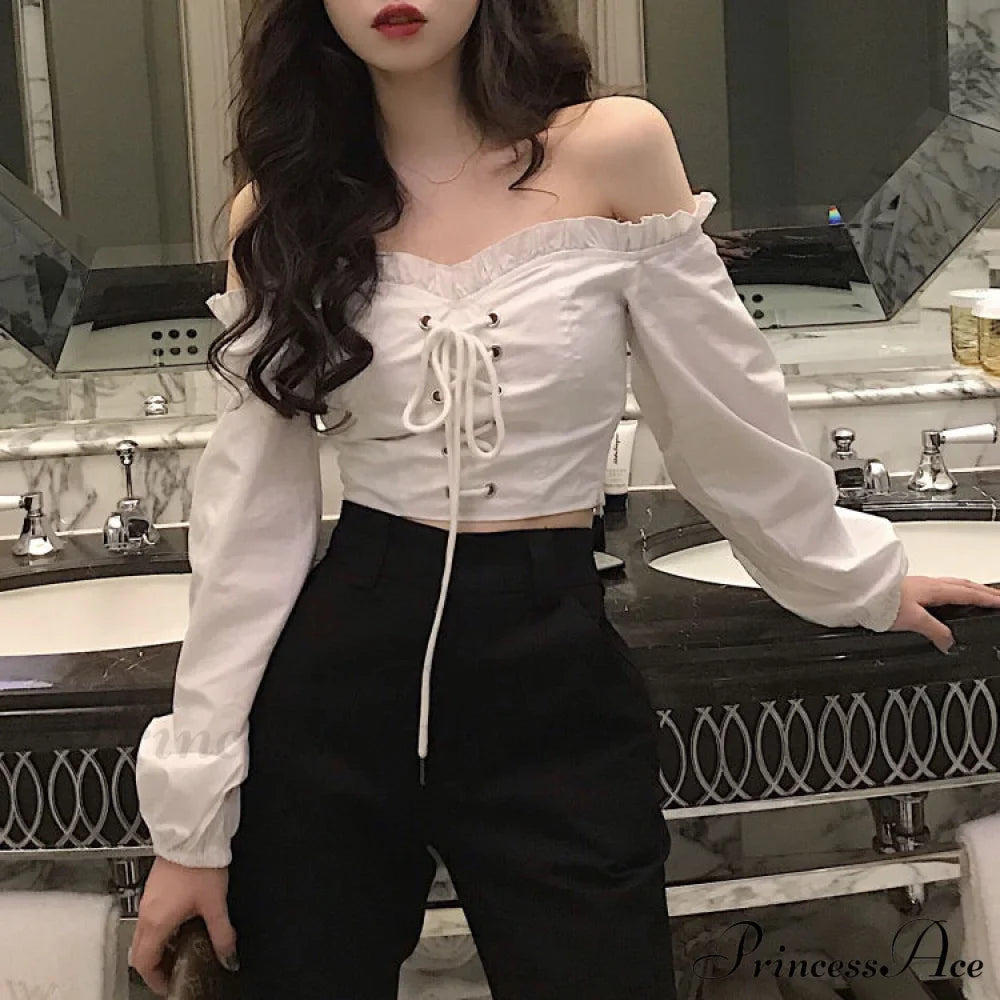 Top Sleeves Lace Ruffle Puff Tops Long Tops Crop Vintage Arm Up Bandage Blouse Shoulder Ladies Black Off With White image 9