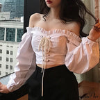 Top Sleeves Lace Ruffle Puff Tops Long Tops Crop Vintage Arm Up Bandage Blouse Shoulder Ladies Black Off With White image 12