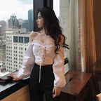 Top Sleeves Lace Ruffle Puff Tops Long Tops Crop Vintage Arm Up Bandage Blouse Shoulder Ladies Black Off With White image 10