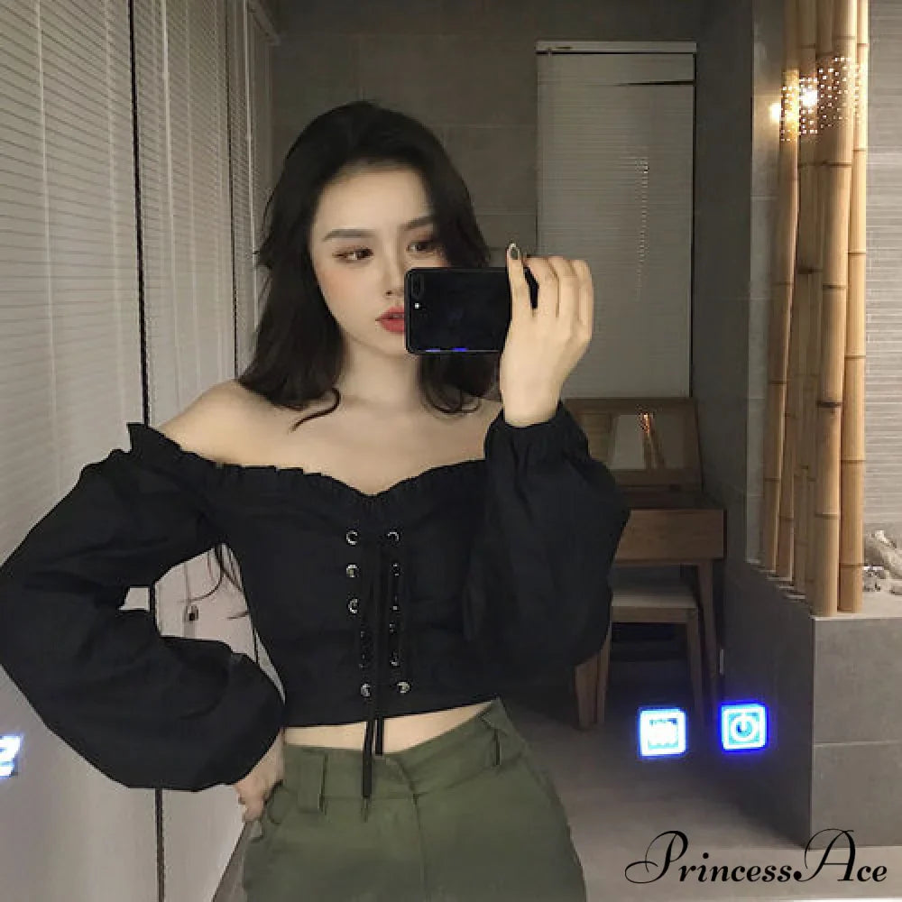 Top Sleeves Lace Ruffle Puff Tops Long Tops Crop Vintage Arm Up Bandage Blouse Shoulder Ladies Black Off With White image 13