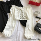 Top Sleeves Lace Ruffle Puff Tops Long Tops Crop Vintage Arm Up Bandage Blouse Shoulder Ladies Black Off With White image 1