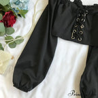 Top Sleeves Lace Ruffle Puff Tops Long Tops Crop Vintage Arm Up Bandage Blouse Shoulder Ladies Black Off With White image 4