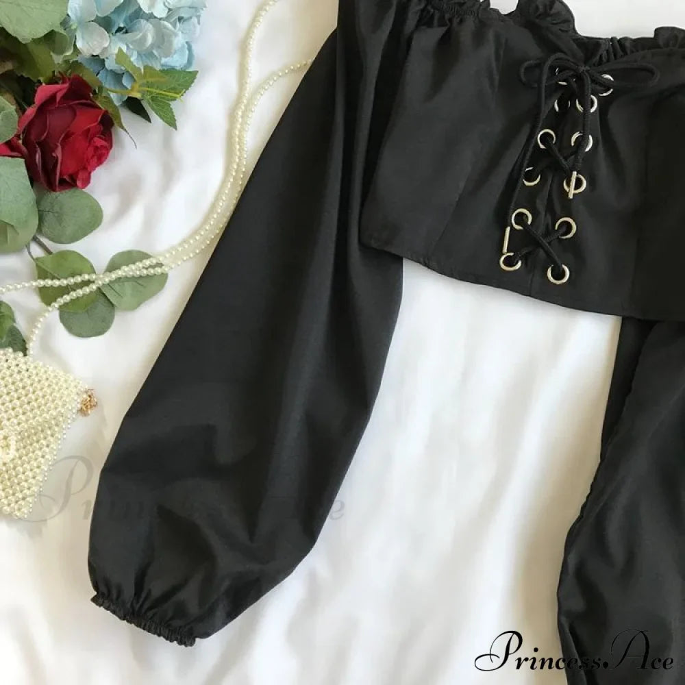 Top Sleeves Lace Ruffle Puff Tops Long Tops Crop Vintage Arm Up Bandage Blouse Shoulder Ladies Black Off With White image 4