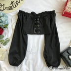 Top Sleeves Lace Ruffle Puff Tops Long Tops Crop Vintage Arm Up Bandage Blouse Shoulder Ladies Black Off With White image 7