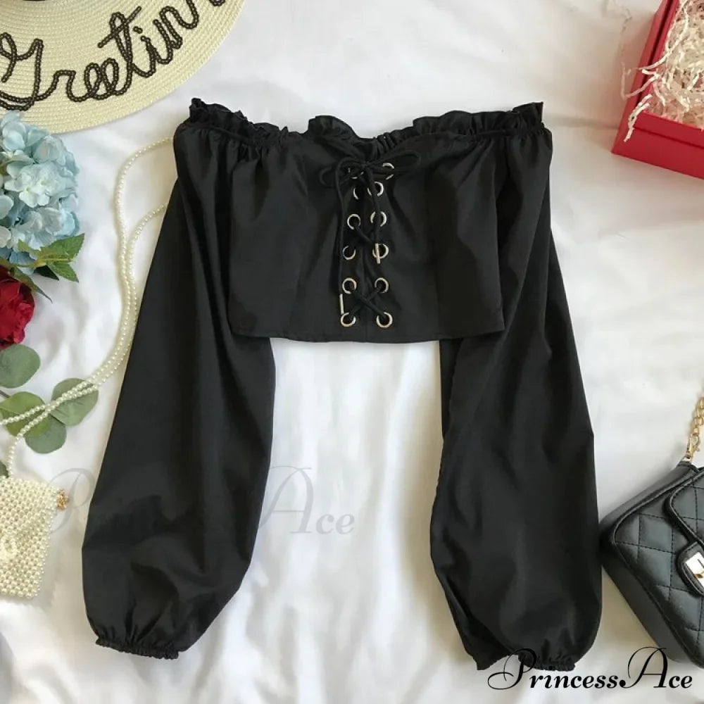 Top Sleeves Lace Ruffle Puff Tops Long Tops Crop Vintage Arm Up Bandage Blouse Shoulder Ladies Black Off With White image 7