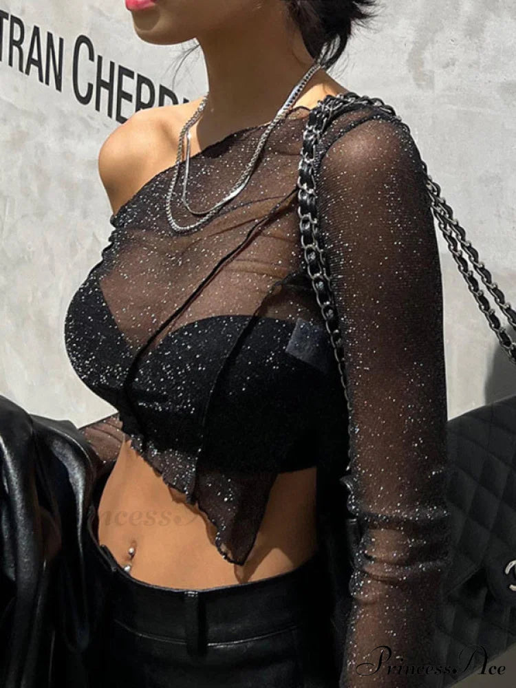 Top Solid Mesh Color for One-shoulder Sexy Crop Sheer Women image 3