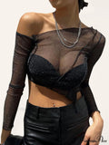 Top Solid Mesh Color for One-shoulder Sexy Crop Sheer Women image 5