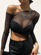 Top Solid Mesh Color for One-shoulder Sexy Crop Sheer Women image 5