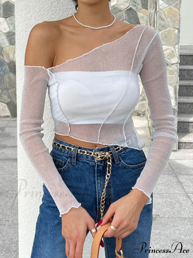 Top Solid Mesh Color for One-shoulder Sexy Crop Sheer Women image 7