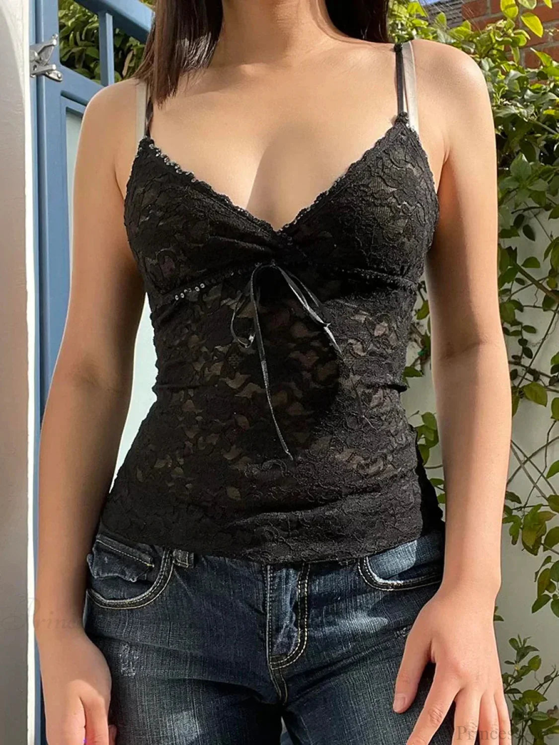 Transparent Lace Camisole V Neck Cropped Top image 1