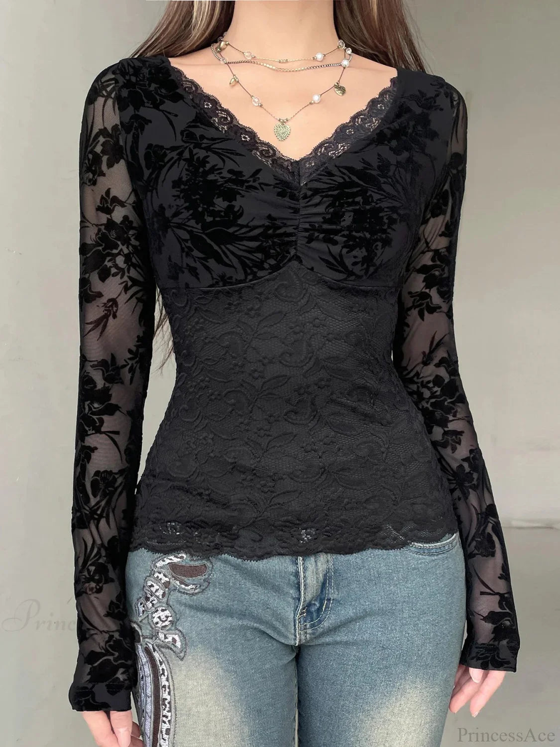 Transparent Lace V-neck Knitted Top image 4