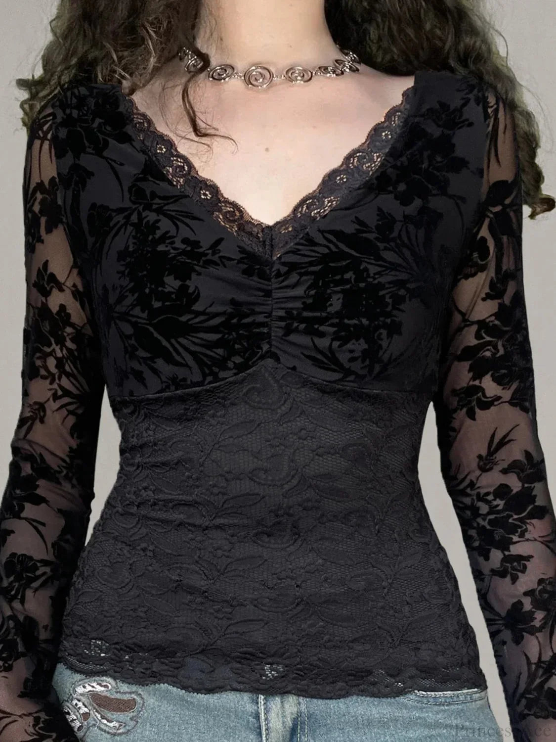 Transparent Lace V-neck Knitted Top image 1