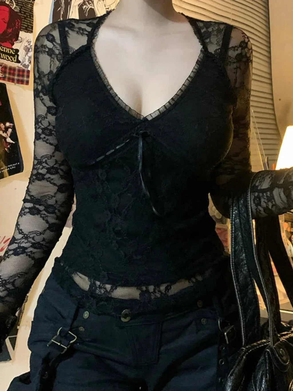 Transparent Lace V-neck Knitted Top image 1