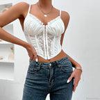 Trendy Mesh Fishbone Lace Pleated Sexy Crop Top image 3