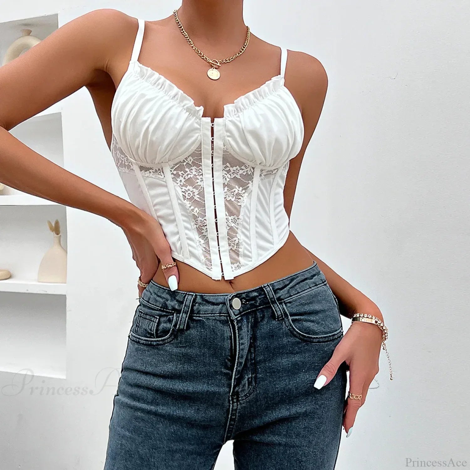 Trendy Mesh Fishbone Lace Pleated Sexy Crop Top image 3