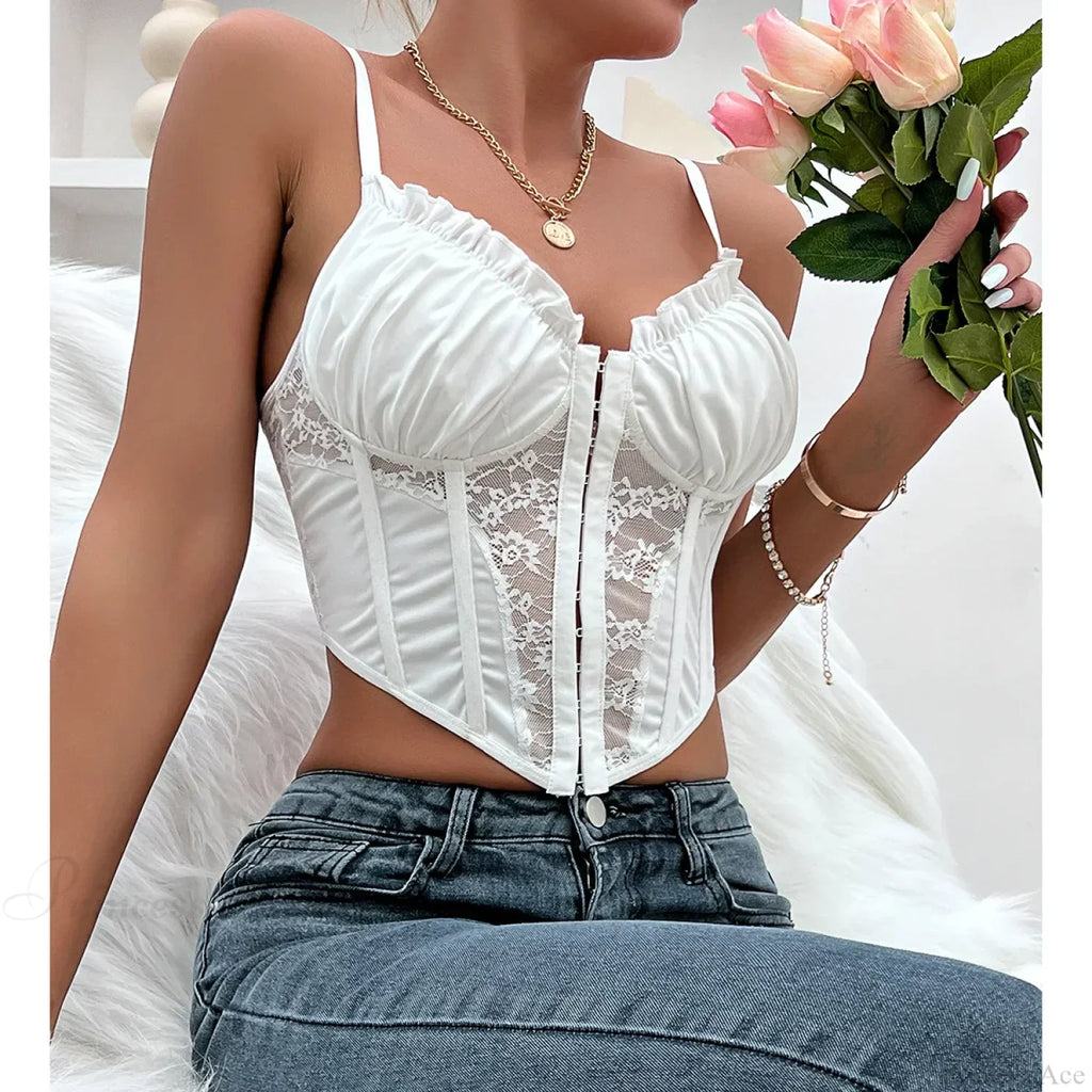 Trendy Mesh Fishbone Lace Pleated Sexy Crop Top image 1