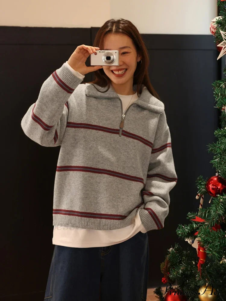 Trendy Stylish Striped Cozy Casual Comfortable Loose Warm Sweater image 4