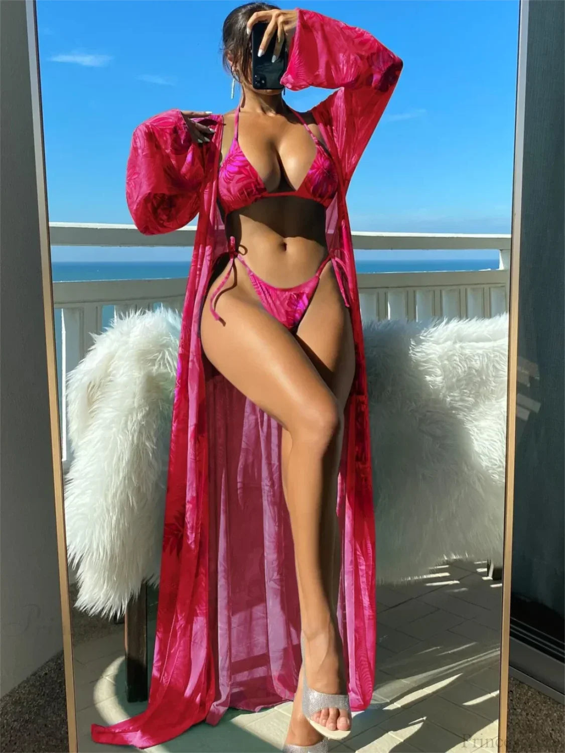 Triangle String Bikini Set with Kimono Three Piece Swimsuit image 2