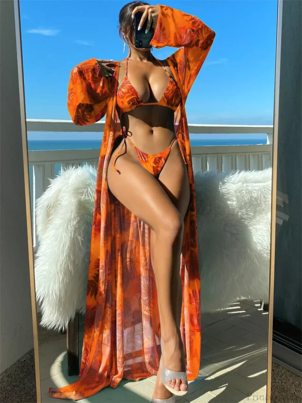 Triangle String Bikini Set with Kimono Three Piece Swimsuit image 4