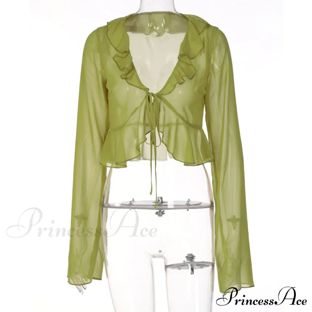 Trim Lace T-shirt 90s with Chiffon Ruffles Up and Vintage Green Detail image 9