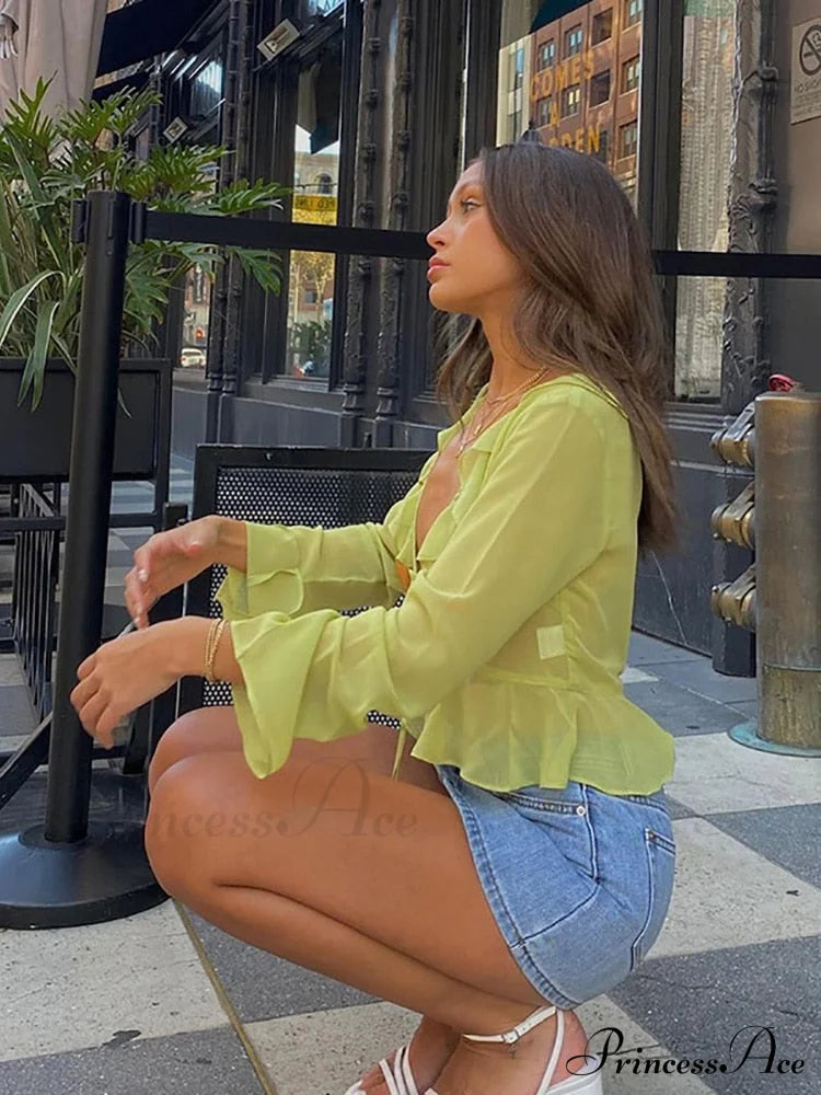 Trim Lace T-shirt 90s with Chiffon Ruffles Up and Vintage Green Detail image 5