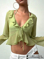 Trim Lace T-shirt 90s with Chiffon Ruffles Up and Vintage Green Detail image 3