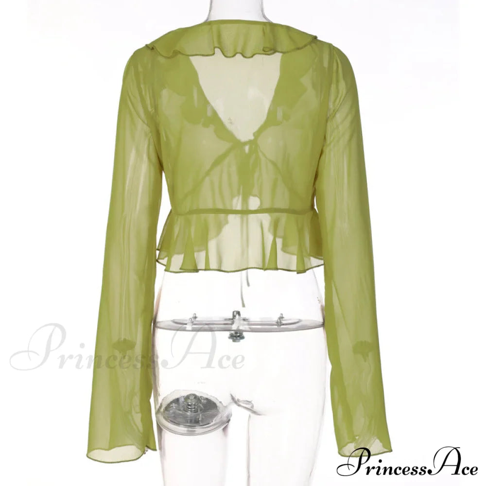Trim Lace T-shirt 90s with Chiffon Ruffles Up and Vintage Green Detail image 11
