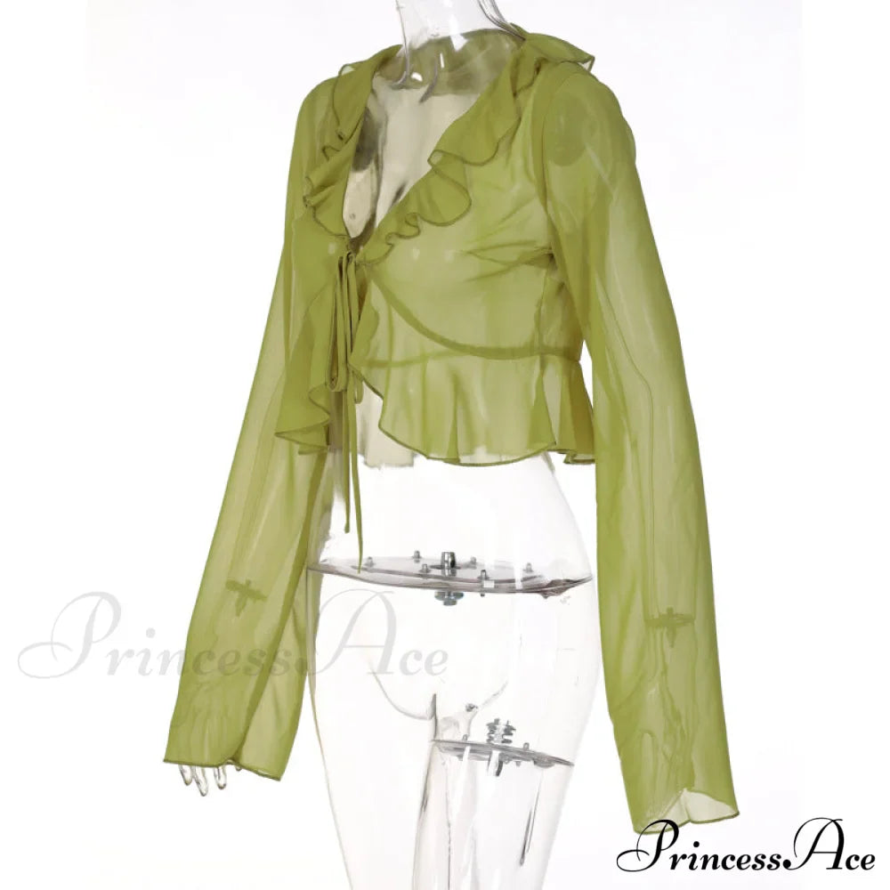Trim Lace T-shirt 90s with Chiffon Ruffles Up and Vintage Green Detail image 10