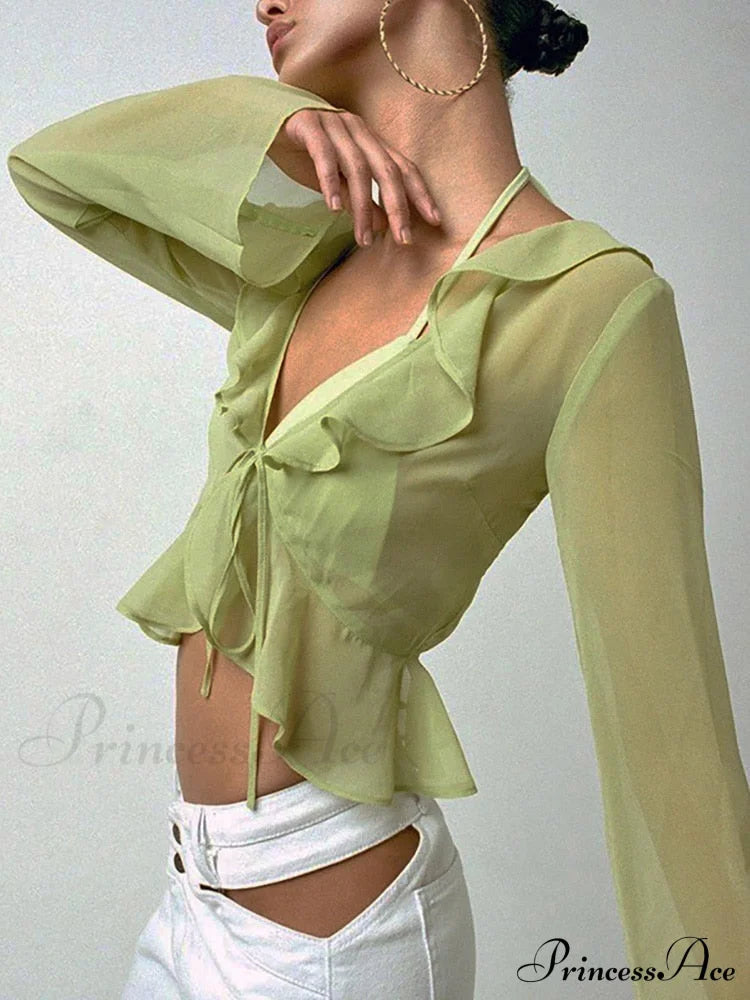 Trim Lace T-shirt 90s with Chiffon Ruffles Up and Vintage Green Detail image 4