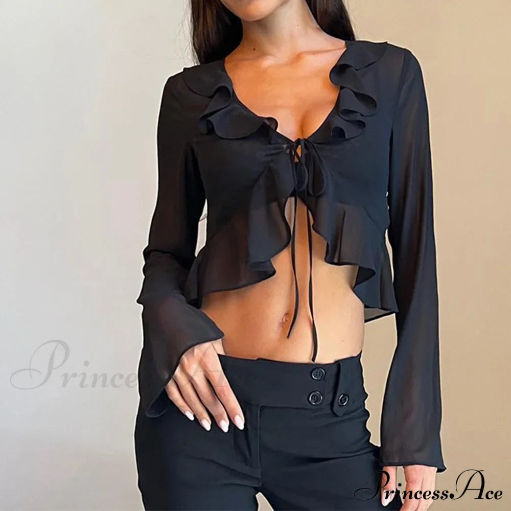 Trim Lace T-shirt 90s with Chiffon Ruffles Up and Vintage Green Detail image 6