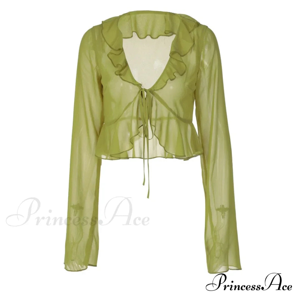 Trim Lace T-shirt 90s with Chiffon Ruffles Up and Vintage Green Detail image 7
