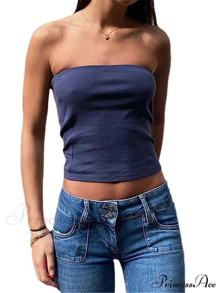 Tubes Women Skinny Summer Off Shoulder Blue Y2k 90s Sexi Crop Streetwear Tank top image 5