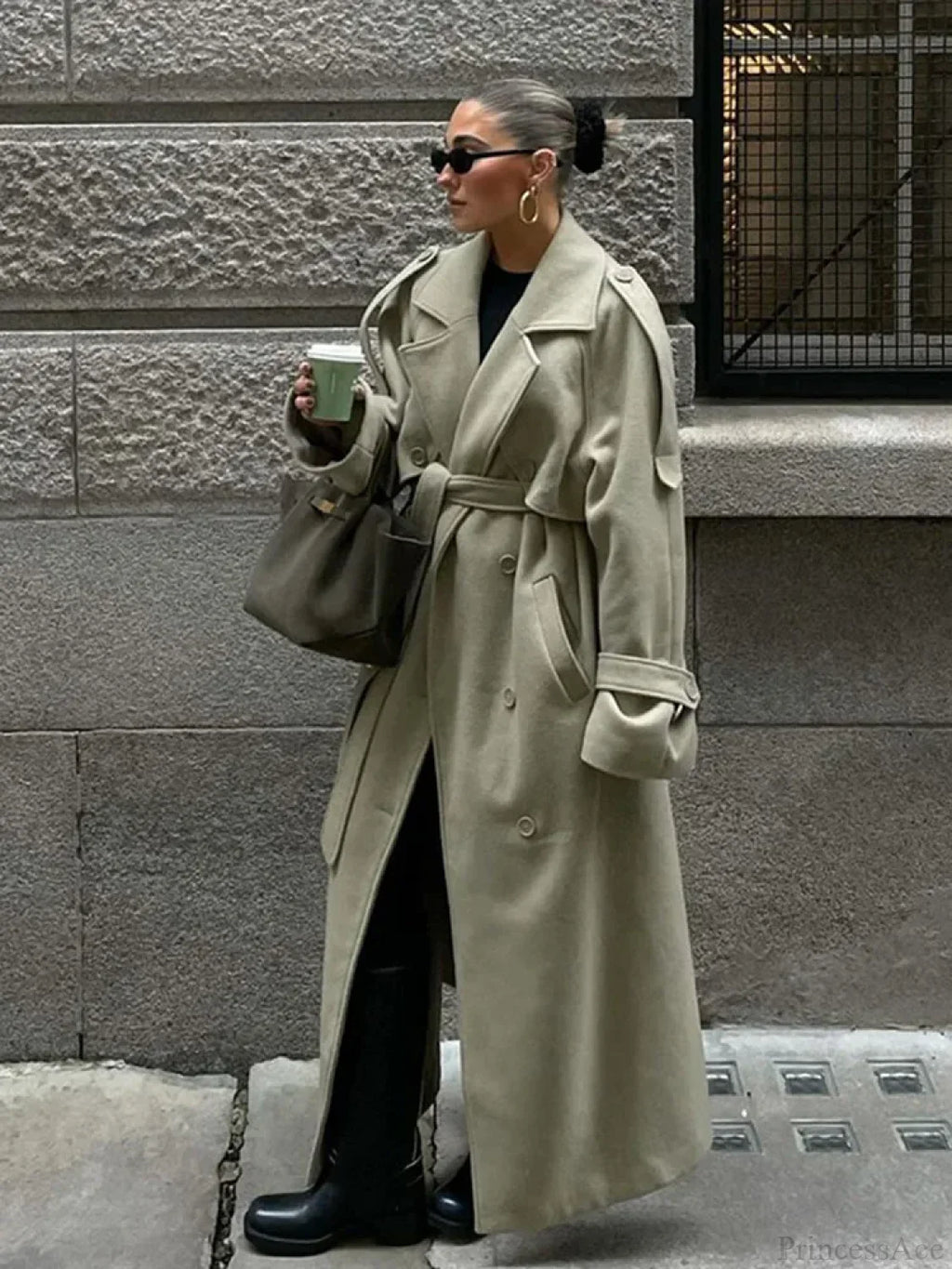 Turn-Down Collar Lace-Up Loose Overcoat image 1