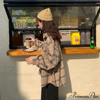 Turn-down Style Spring - Women's Plaid Outwear Loose 4 Neckline Blouse Harajuku with Fit Batwing-sleeve - - Colors image 5