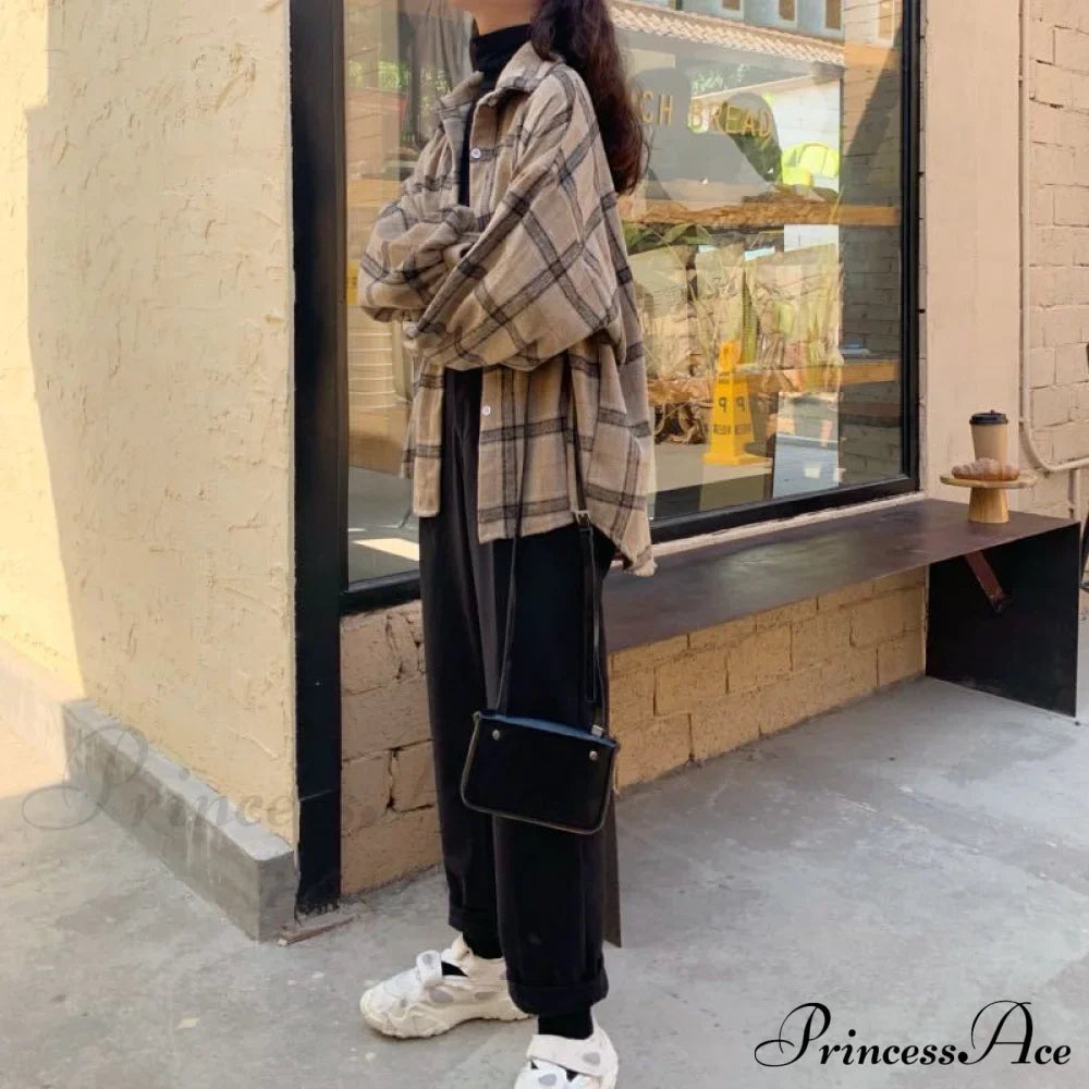 Turn-down Style Spring - Women's Plaid Outwear Loose 4 Neckline Blouse Harajuku with Fit Batwing-sleeve - - Colors image 7