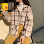 Turn-down Style Spring - Women's Plaid Outwear Loose 4 Neckline Blouse Harajuku with Fit Batwing-sleeve - - Colors image 22
