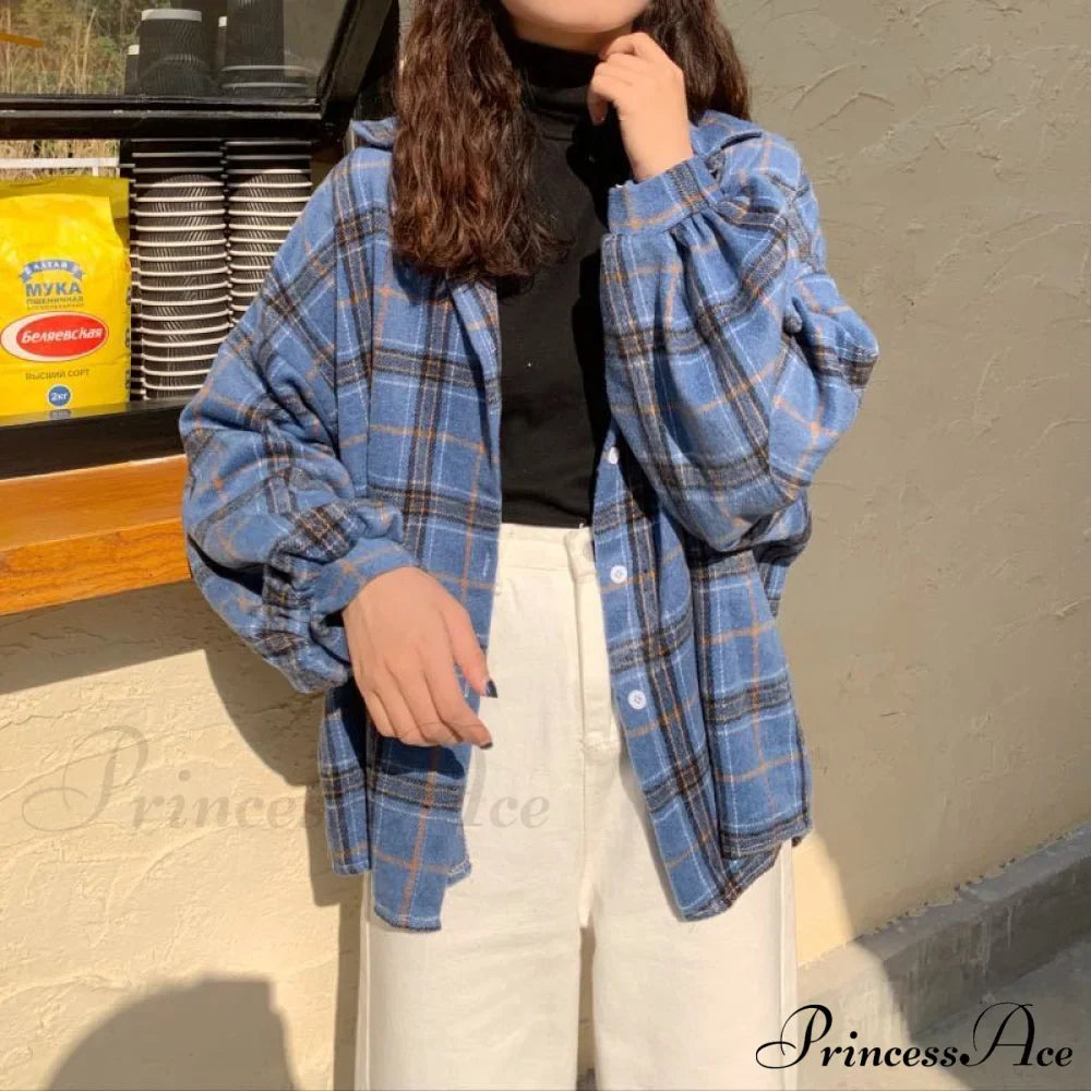 Turn-down Style Spring - Women's Plaid Outwear Loose 4 Neckline Blouse Harajuku with Fit Batwing-sleeve - - Colors image 12