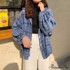 Turn-down Style Spring - Women's Plaid Outwear Loose 4 Neckline Blouse Harajuku with Fit Batwing-sleeve - - Colors image 12
