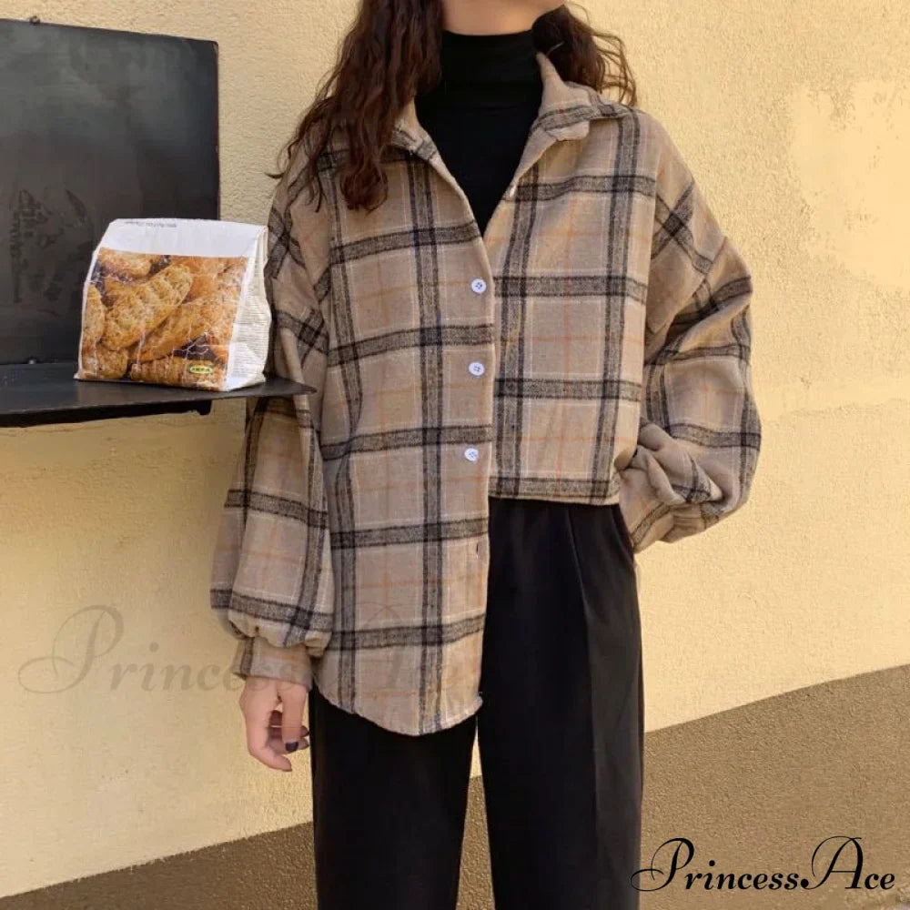 Turn-down Style Spring - Women's Plaid Outwear Loose 4 Neckline Blouse Harajuku with Fit Batwing-sleeve - - Colors image 6